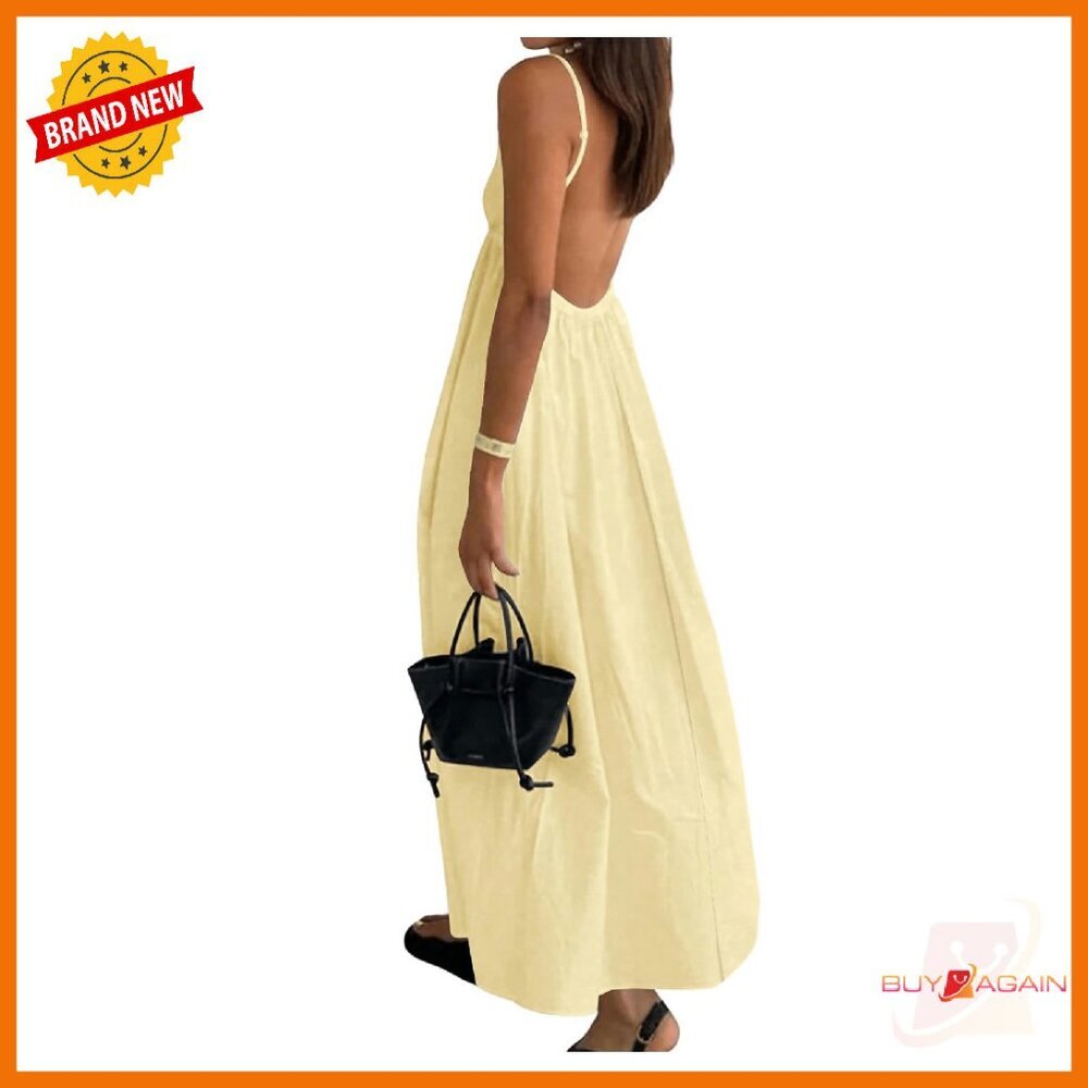 Backless V-Neck Spaghetti Strap Midi Dress Loose Fit Summer Casual